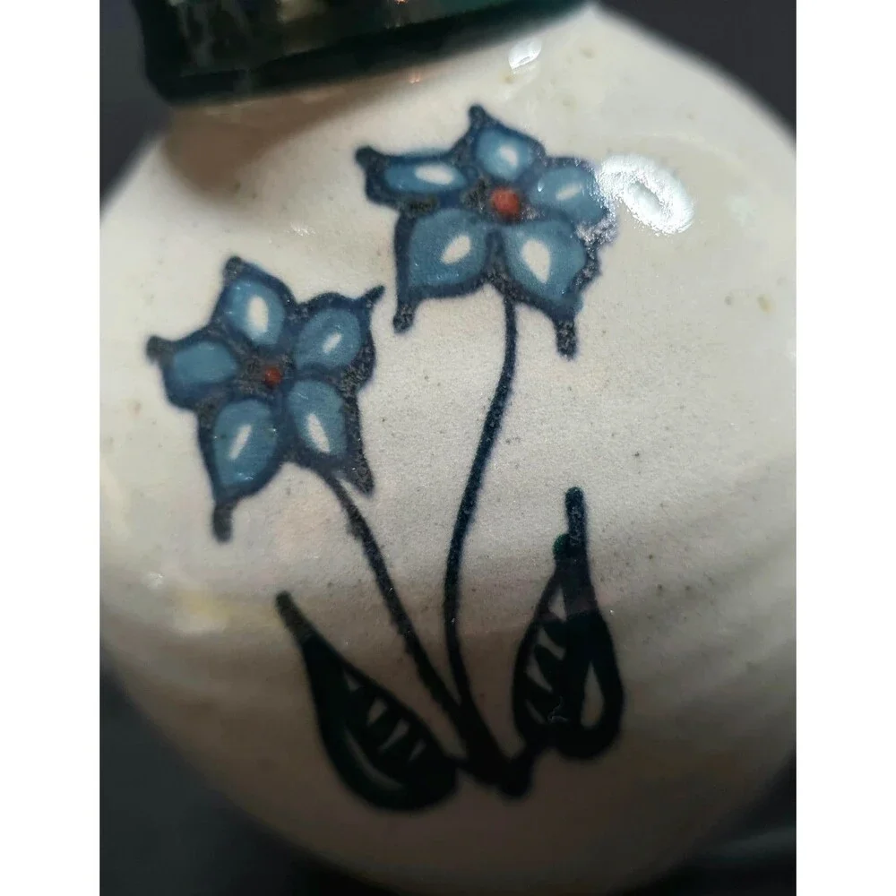 Hand Thrown Studio Pottery Vase Gray & Teal Blue Floral Stoneware Signed 6.75